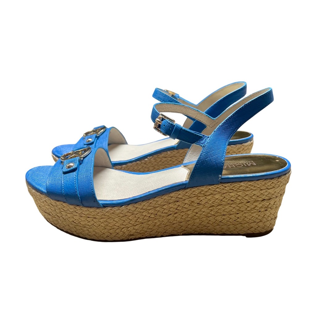 Michael Kors Blue Leather Espadrille Wedge Sandals Gold MK Logo ST14J Womens 8.5